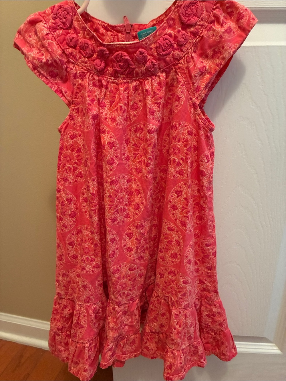 Calypso St. Barth Girls Coral Pink Patterned Ruffle Dress